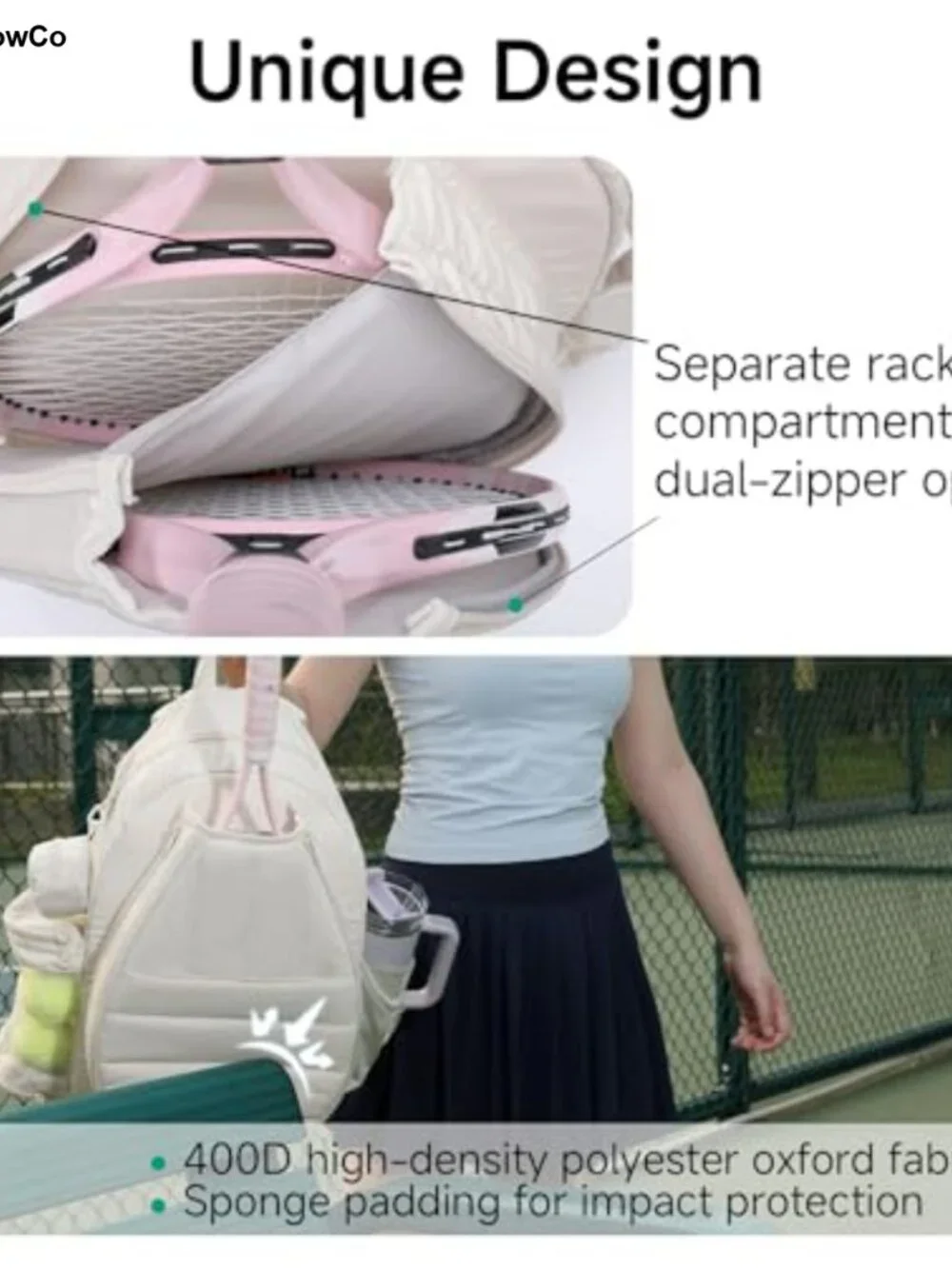Tennis Backpack Holds 2 Rackets, 400D Oxford Polyester, Water Bottle Holder